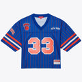 Patrick Ewing New York Knicks Mitchell & Ness x DANNIJO Women's Name & Number Cropped Football Jersey - Blue