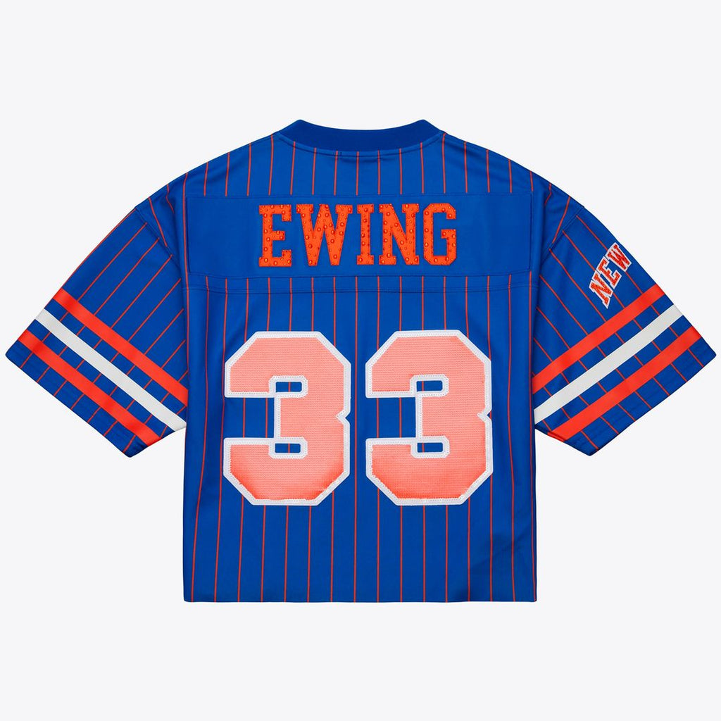 Patrick Ewing New York Knicks Mitchell & Ness x DANNIJO Women's Name & Number Cropped Football Jersey - Blue